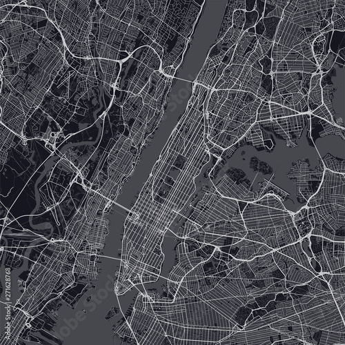 Manhattan map. Dark map of Manhattan borough (New York, United States). Highly detailed map of Manhattan with water objects, roads, railways, etc.