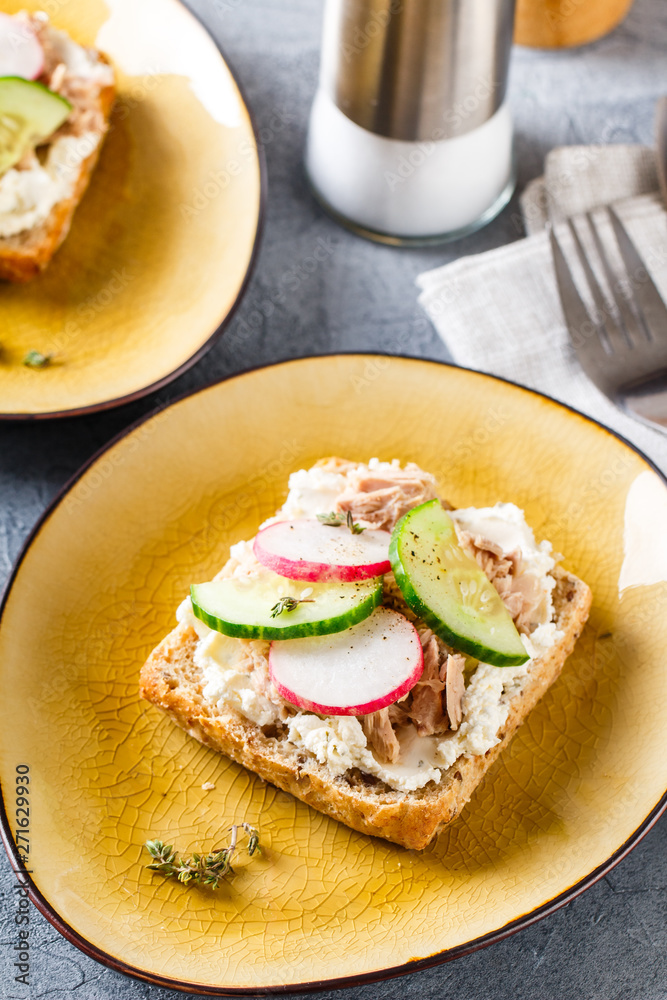 Delicious tuna sandwich, served with radish and cucumber