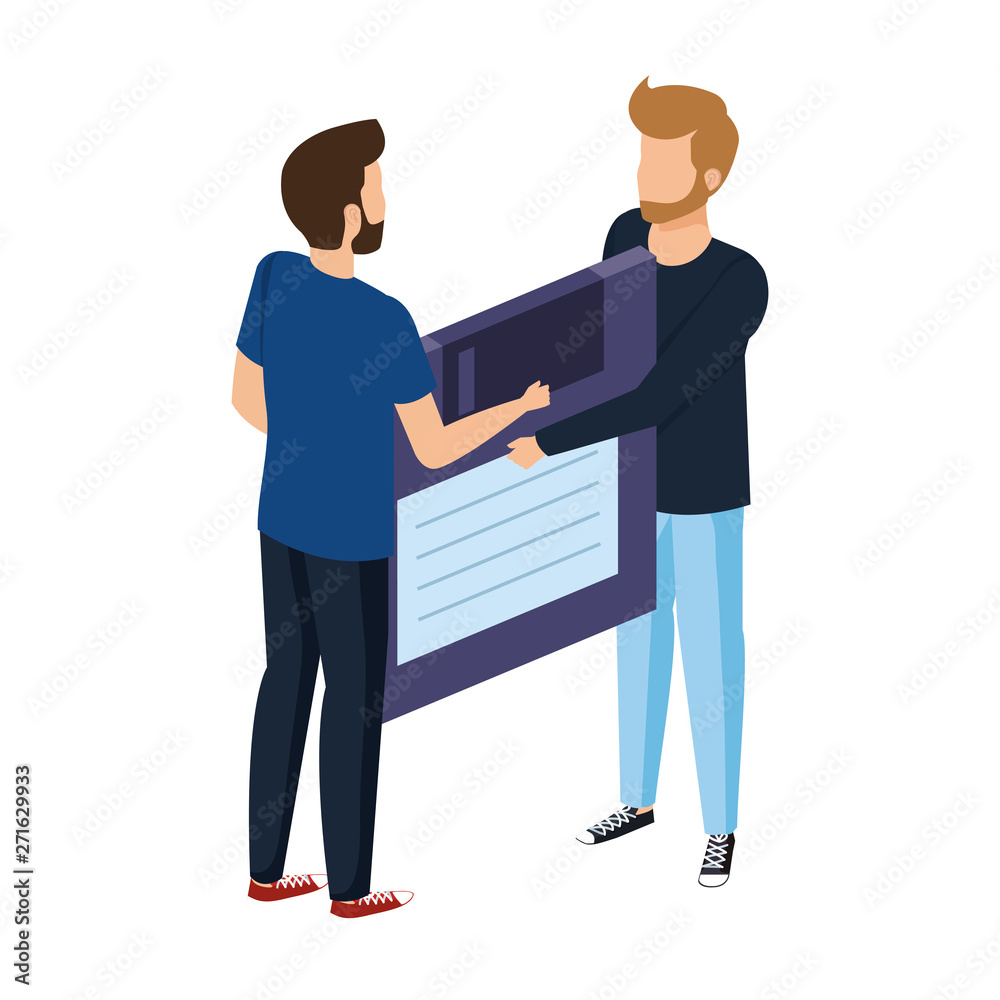 young men lifting floppy disk data storage young men lifting floppy disk data storage