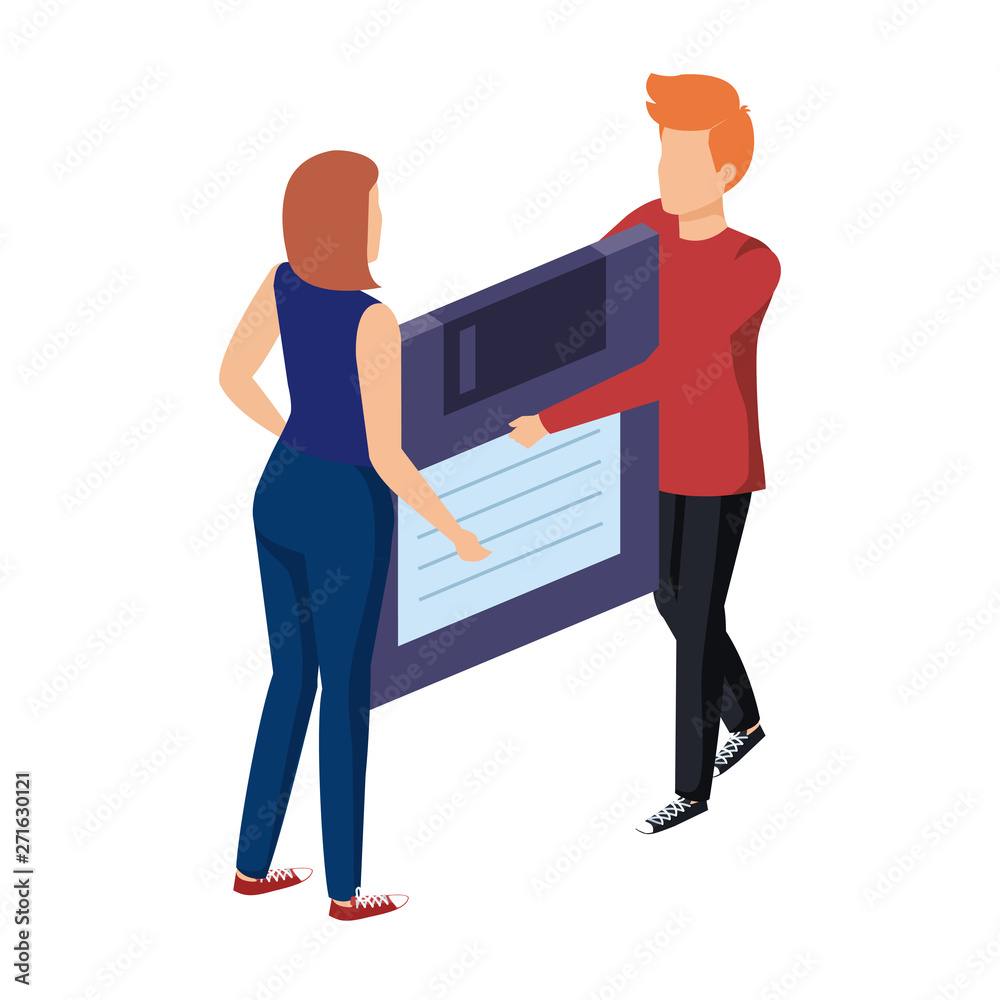 young couple lifting floppy disk data storage young couple lifting floppy disk data storage