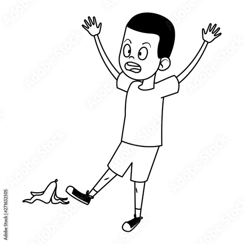 boy sliding with banana peel black and white