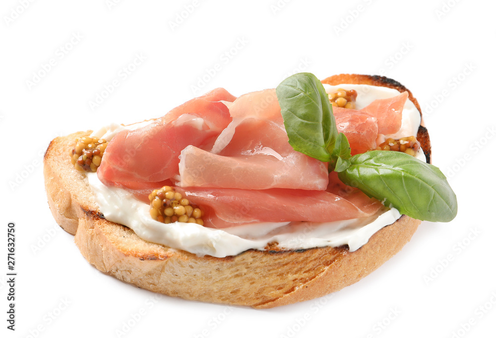Tasty bruschetta with prosciutto and mustard on white background Tasty bruschetta with prosciutto and mustard on white background