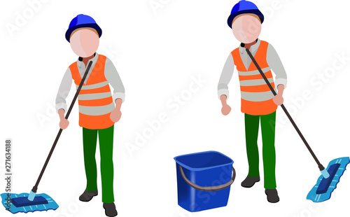 persone addette alle pulizie con secchio e sraccio 