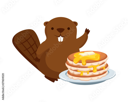 cute beaver mascot with sweet pancakes
