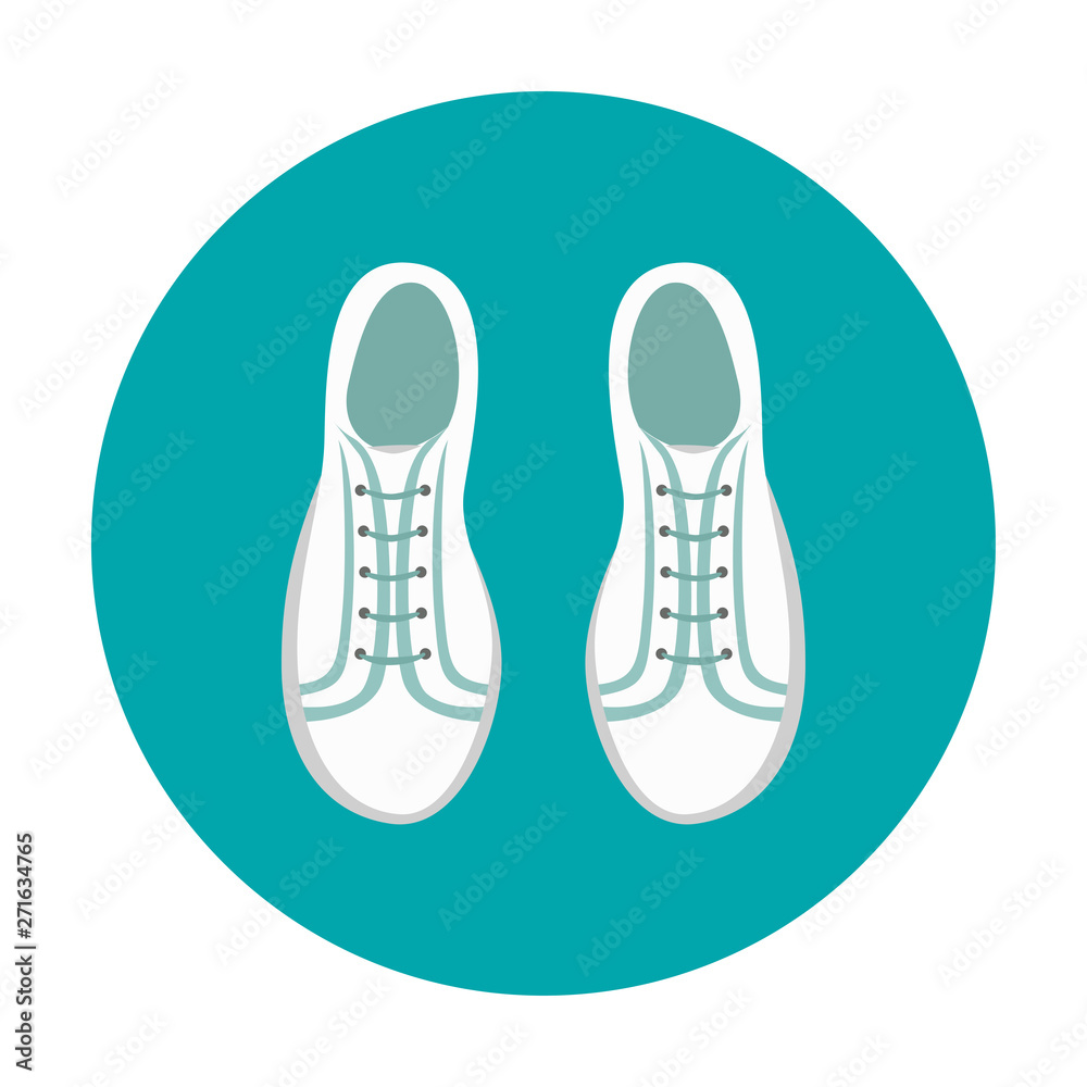 White sneakers simple icon. Youth shoes on blue background. Vector illustration in cartoon flat style.