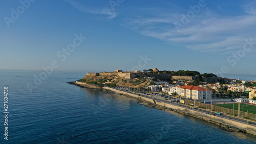 Aerial drone photo of unique old picturesque Venetian port with old lighthouse in the heart of famous city of Rethymno  Crete island  Greece
