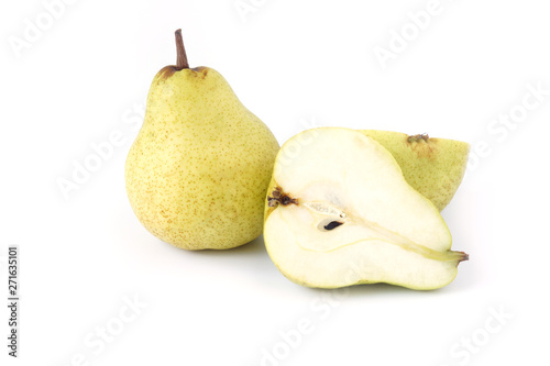 Ripe green pear fruits full and slice fruit isolated on white background