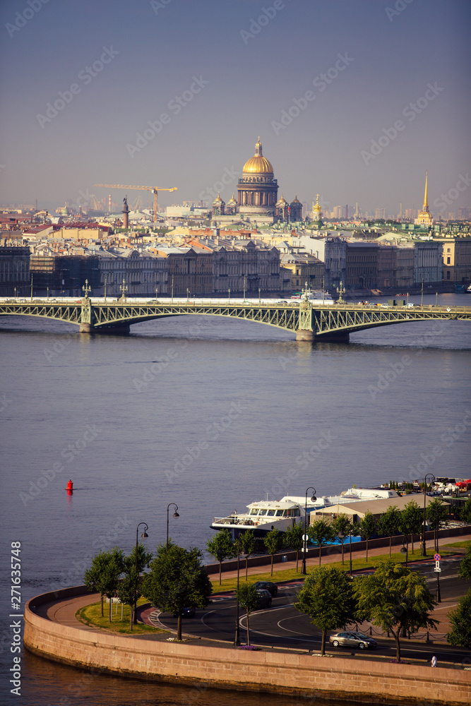 St. Petersburg. Morning landscape from the height of bird flight. View of the Neva River, the embankment, bridges, St. Isaac's Cathedral and the Admiralty