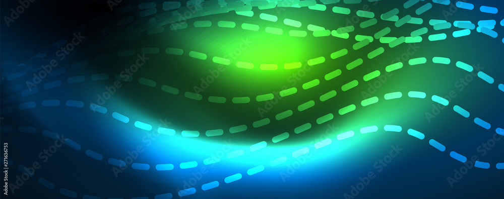 Fototapeta premium Smooth wave lines on blue neon color light background. Glowing abstract wave on dark, shiny motion, magic space light