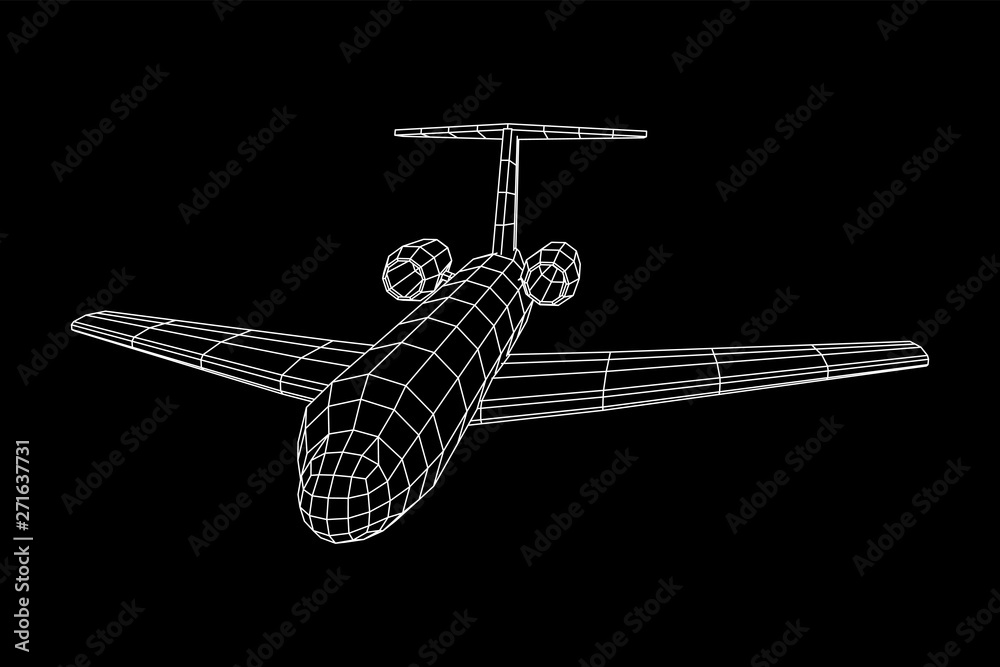 Private Jet Plane Abstract polygonal wireframe business luxury twin engine airplane. Travel aircraft, tourism and vacation concept. Wireframe low poly mesh vector illustration Private Jet Plane Abstract polygonal wireframe business luxury twin engine airplane. Travel aircraft, tourism and vacation concept. Wireframe low poly mesh vector illustration