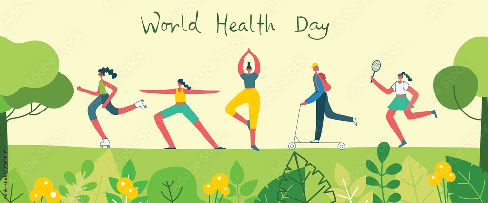 Vector illustration concept flat design of men and women doing sport and healthy lifestyle background - World Health Day Vector illustration concept flat design of men and women doing sport and healthy lifestyle background - World Health Day