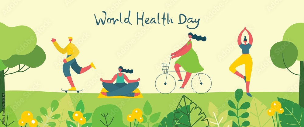 Vector illustration concept flat design of men and women doing sport and healthy lifestyle background - World Health Day Vector illustration concept flat design of men and women doing sport and healthy lifestyle background - World Health Day