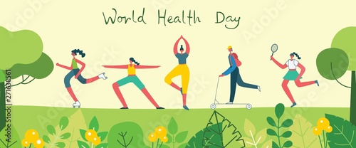 Vector illustration concept flat design of men and women doing sport and healthy lifestyle background - World Health Day