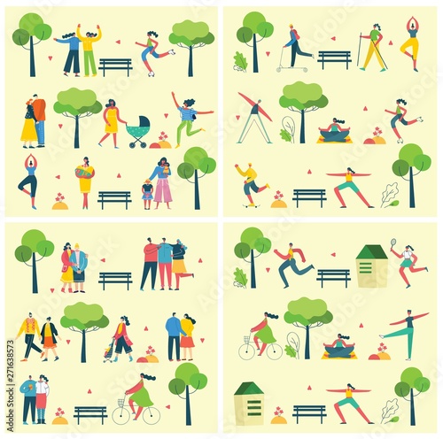 Vector backgrounds with different people, couple doing activities, sport, walking and have a rest outdoor in the flat style