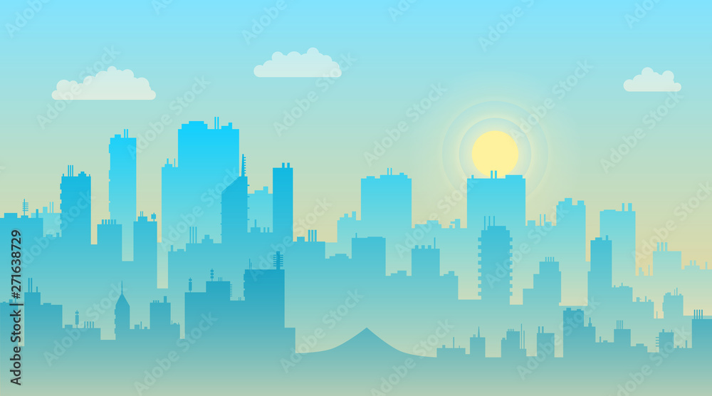 Morning sky and clouds over city silhouette vector cityscape