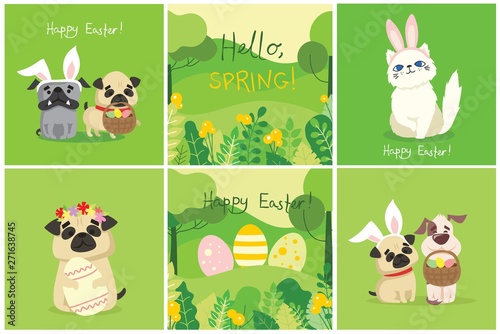 Happy Easter cards in the flat design. Vector illustrations of easter eggs on the nature view and with cute puppy dogs and cats with rabbit ears, spring flower, eggs and hand drawn text