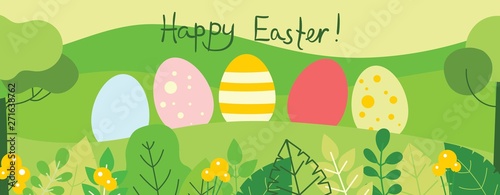 Happy Easter card. Vector illustration of easter eggs in the nature view in the flat design