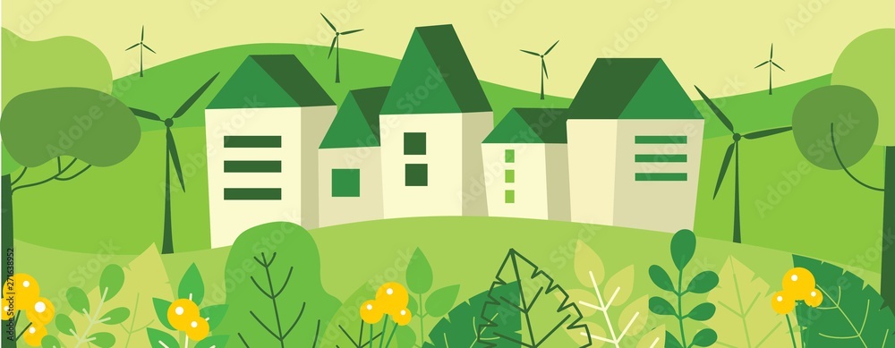 Vector illustration ECO background of Concept of saving our inviroment. Landscape, forest, hills, houses, wind turbine and trees in flat geometric style