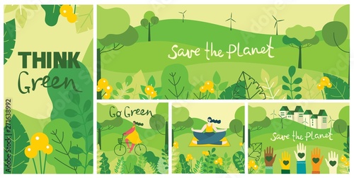 Vector illustration ECO background of Concept of green eco energy and quote Save the planet. Landscape, forest, people activists with eco banners in flat geometric style. #271638992