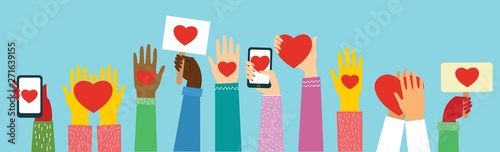 Share your Love. Hands with hearts as love massages. Vector illustration for Valentine's day in the modern flat style 
