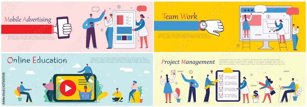 Vector illustrations of the office concept business people in the flat style. E-commerce, online education, project management, start up, digital marketing and mobile advertising business concept Vector illustrations of the office concept business people in the flat style. E-commerce, online education, project management, start up, digital marketing and mobile advertising business concept