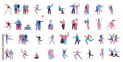 Vector illustration in a flat style of different activities people jumping, dancing, walking, business, couple in love, doing sport, have party. 