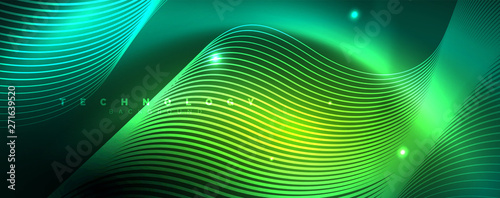 Shiny neon lines template - northern lights glowing blur lines. Futuristic style glow neon 80s disco club or night party techno template