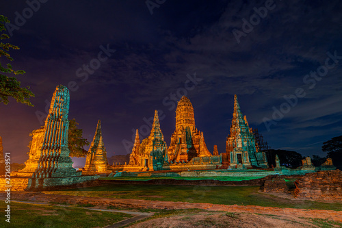 Night light  Historical site of Chaiwattanaram temple in Phra Nakhon Si Ayutthaya province, Thailand. photo