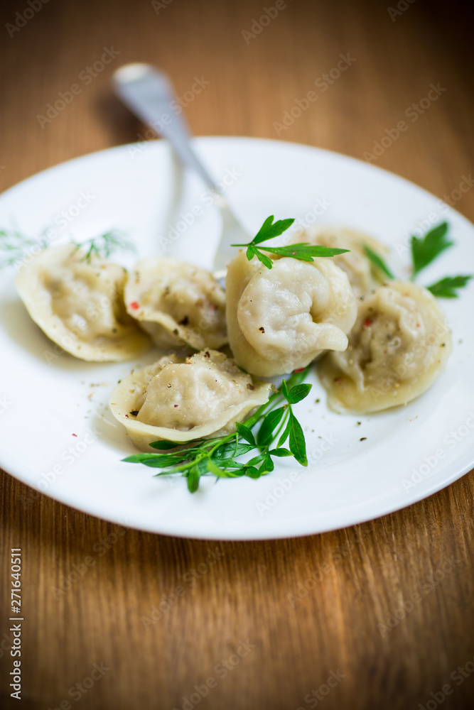 boiled dumplings with meat and spices in a plate