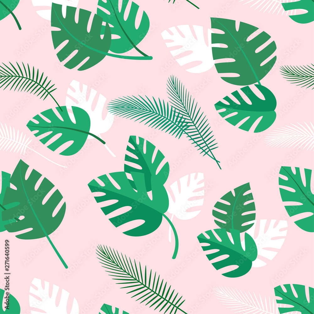Seamless pattern with palm leaves, summer background with tropical plants, simple wallpaper, vector