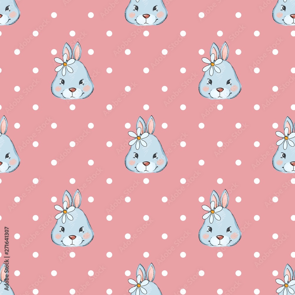 Rabbits. Colorful seamless pattern with muzzles of animals. Background with cute bunny Rabbits. Colorful seamless pattern with muzzles of animals. Background with cute bunny