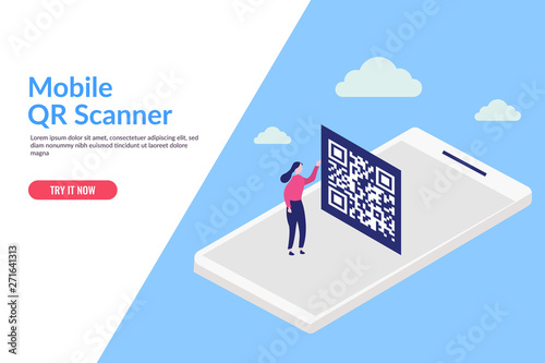 QR code concept illustration of young people scanning barcode using mobile smartphone Suitable For web landing page template, banner, flyer, brochure, and presentation