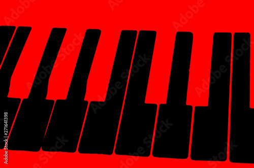 The schematic image of the keys of a musical instrument on a bright red background.
