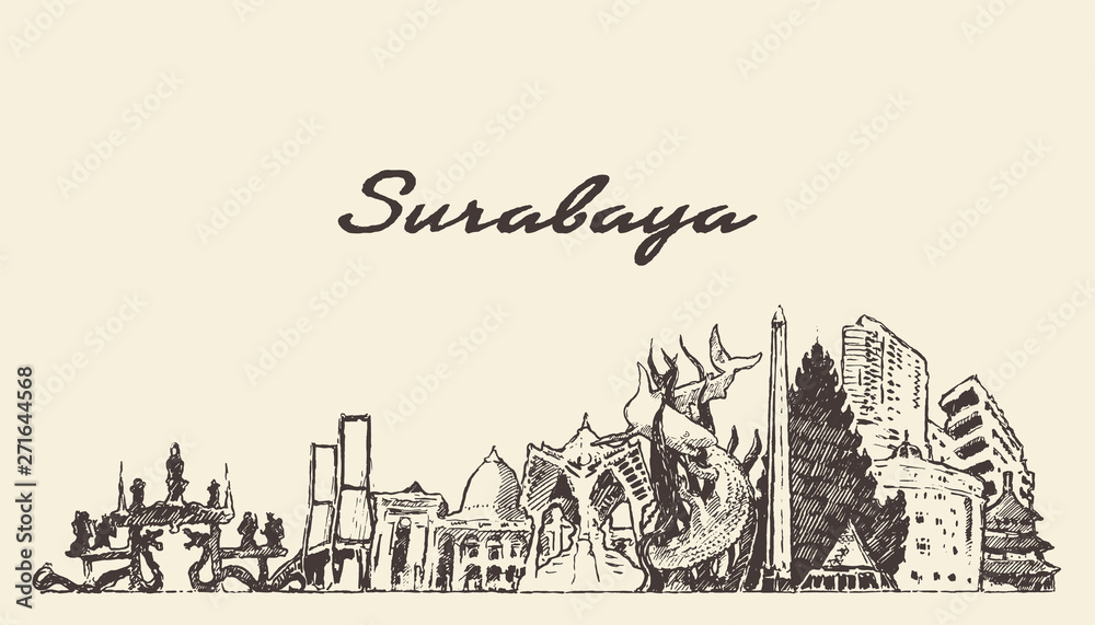Surabaya skyline East Java Indonesia drawn vector Surabaya skyline East Java Indonesia drawn vector