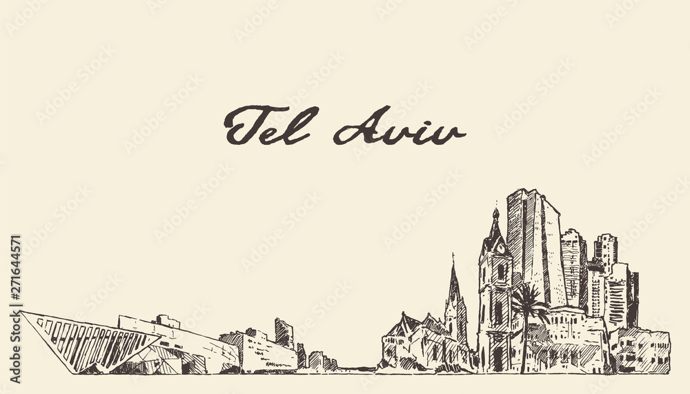 Naklejka premium Tel Aviv skyline Israel hand drawn vector sketch