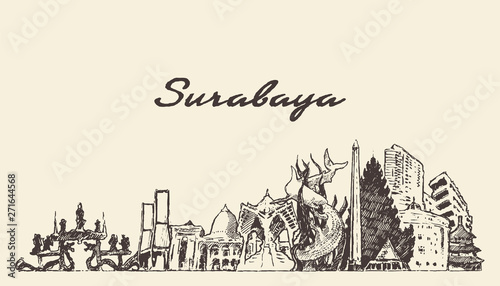 Obraz na plátně Surabaya skyline East Java Indonesia drawn vector