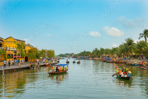 tourist boat float at Hoi an river in Old town world heritage site in Vietnam.