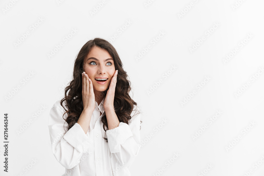 Cheerful young brunette woman wearing shirt Cheerful young brunette woman wearing shirt