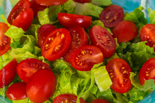 Extreme Closeup of Sliced Cherry Tomato and Lettuce Salad; over head view