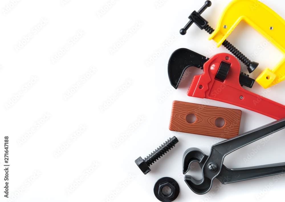 Set of plastic tools isolated on white background,pliers,wrench, nut and bolt Set of plastic tools isolated on white background,pliers,wrench, nut and bolt