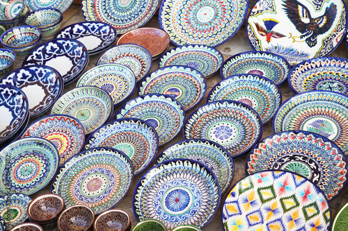 Colorful dishware on sale in Bukhara  Uzbekistan
