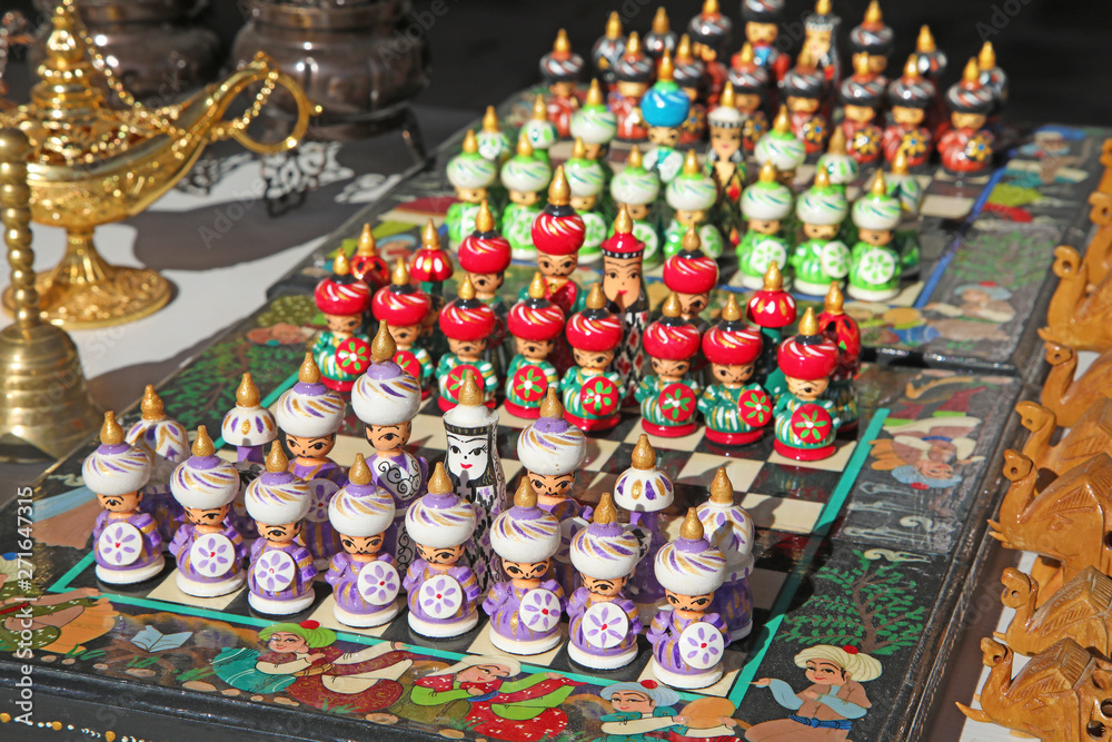 Colorful chess sets on sale in Bukhara, Uzbekistan