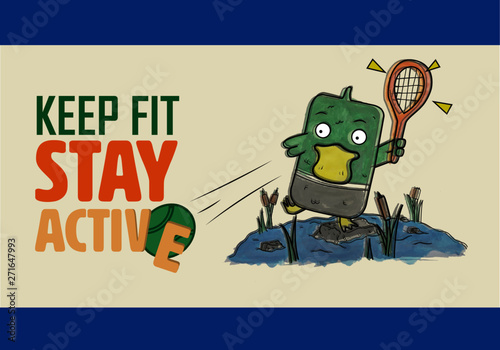 Stay Active Childrens Poster, Duck Tennis Illustration, Childrens Healthcare
