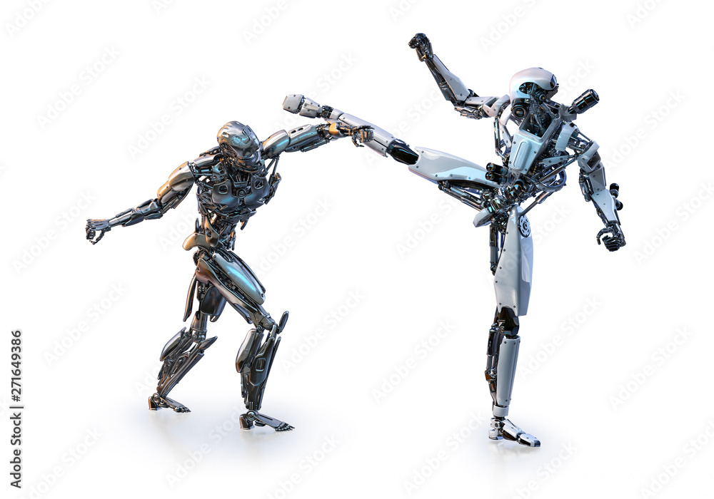 Couple of modern robots fighting on white background. Sport, martial arts, healthcare, fitness, artificial intelligence concept. 3D illustration