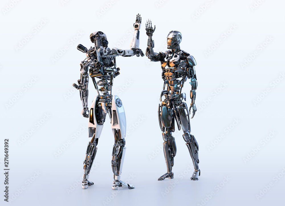 Two robots cyborgs making high five greeting. Business, technology, communication, artificial intelligence, cooperation, teamwork, partnership, friendship concept. Clipping path. 3D illustration. Two robots cyborgs making high five greeting. Business, technology, communication, artificial intelligence, cooperation, teamwork, partnership, friendship concept. Clipping path. 3D illustration.