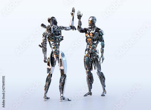Two robots cyborgs making high five greeting. Business, technology, communication, artificial intelligence, cooperation, teamwork, partnership, friendship concept. Clipping path. 3D illustration.