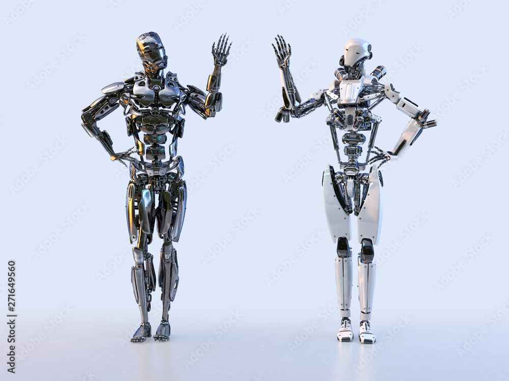 Couple of modern robots standing and waving, isolated. Technology, communication, artificial intelligence and relationships concept. 3D illustration. Couple of modern robots standing and waving, isolated. Technology, communication, artificial intelligence and relationships concept. 3D illustration.