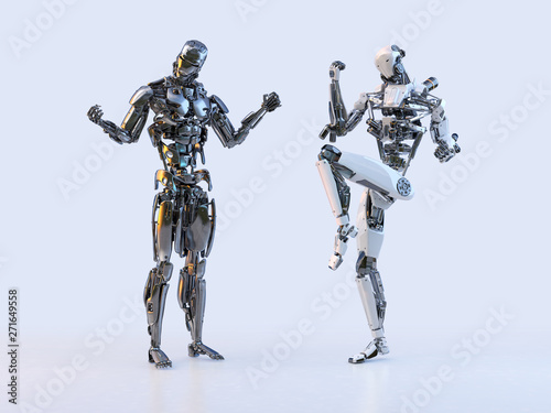 Couple of positive joyful modern robots celebrating victory, expressing, isolated. Technology, communication, artificial intelligence and relationships concept. 3D illustration.