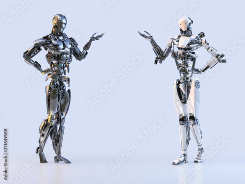 Couple of modern robots presenting product, showing something over hands with copy space. Advertising, technology, communication, artificial intelligence concept. 3D illustration.
