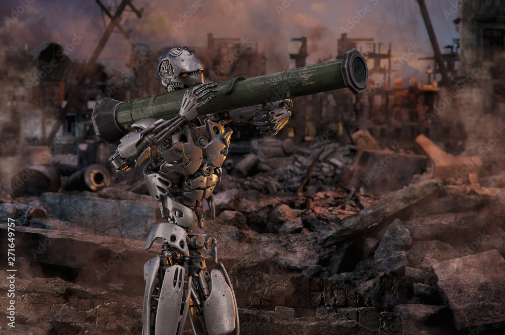 Robot with bazooka rocket launcher against the backdrop of ruined city background. Military robot cyborg soldier future technology concept. 3D illustration
